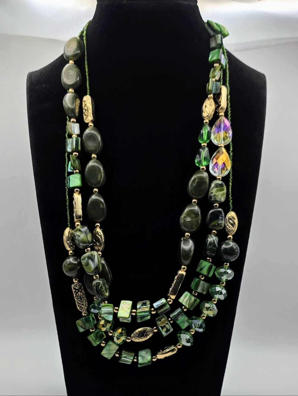 Green Multi Strand Statement Necklace Layered Beaded Gold Tone Boho Chunky